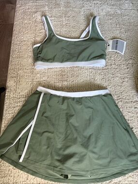 Hanna Nikole Olive Green Swim Bralette & Skort with White Trim